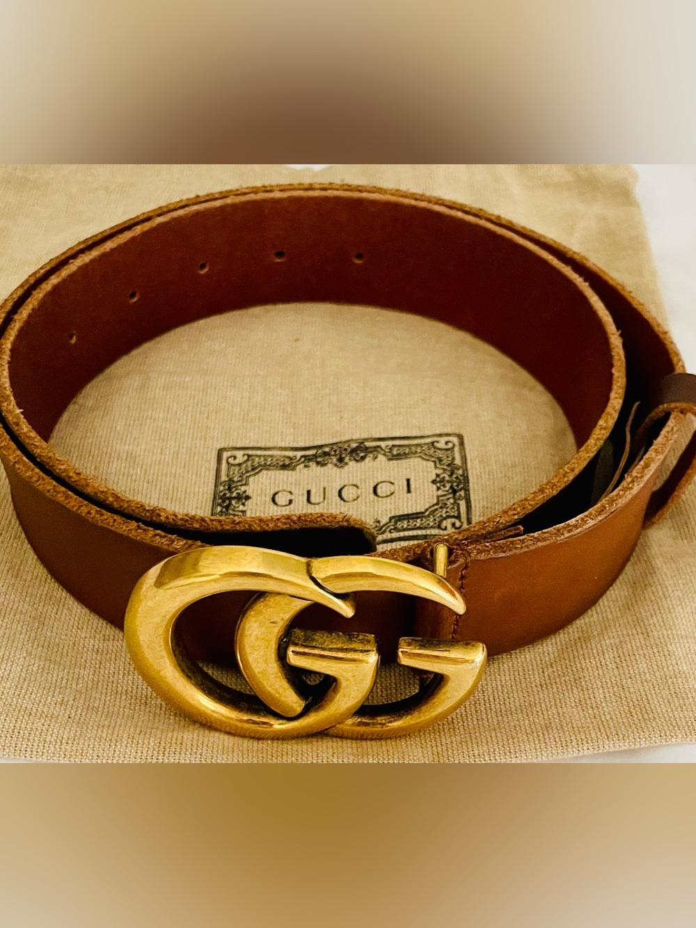 Vintage Gucci GG Brown Leather Belt Gold Interlocking GG Buckle